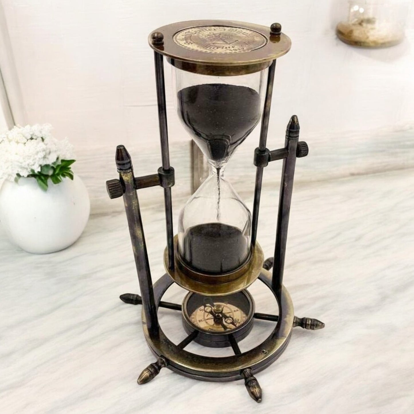 05 Minute Wheel Hourglass With Compass on Base by Brass Enclave™