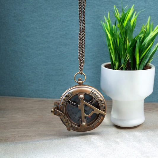 Antique Brass Sundial Compass With Wooden Case