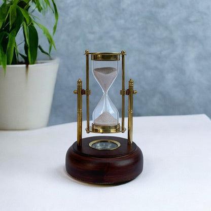 01 Minute Antique Brass Sandtimer with Compass Base by Brass Enclave™