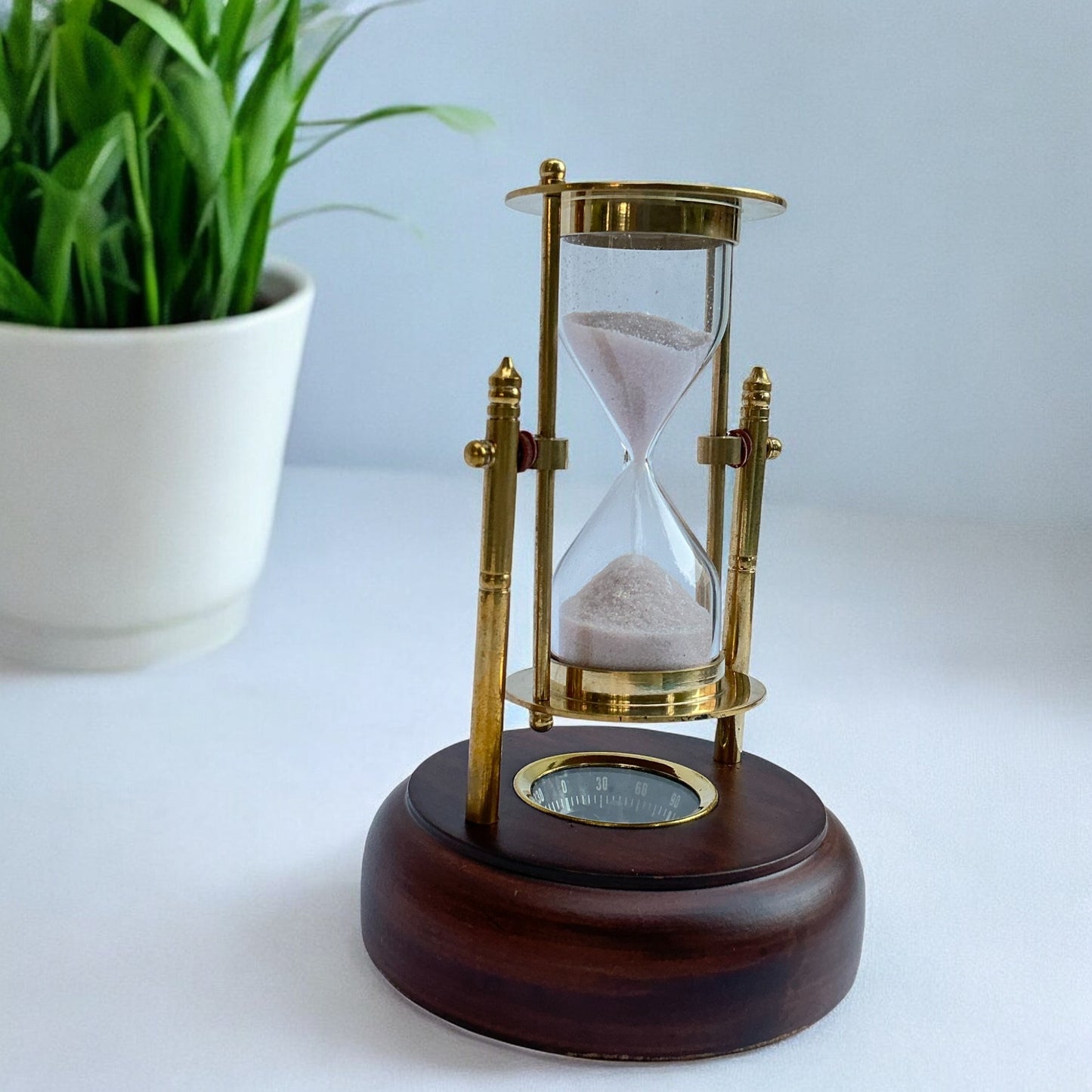 01 Minute Antique Brass Sandtimer with Compass Base by Brass Enclave™