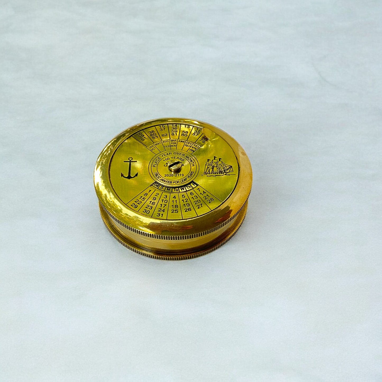 Antique Brass Poem Compass with 100-Year Calendar with Wooden Box