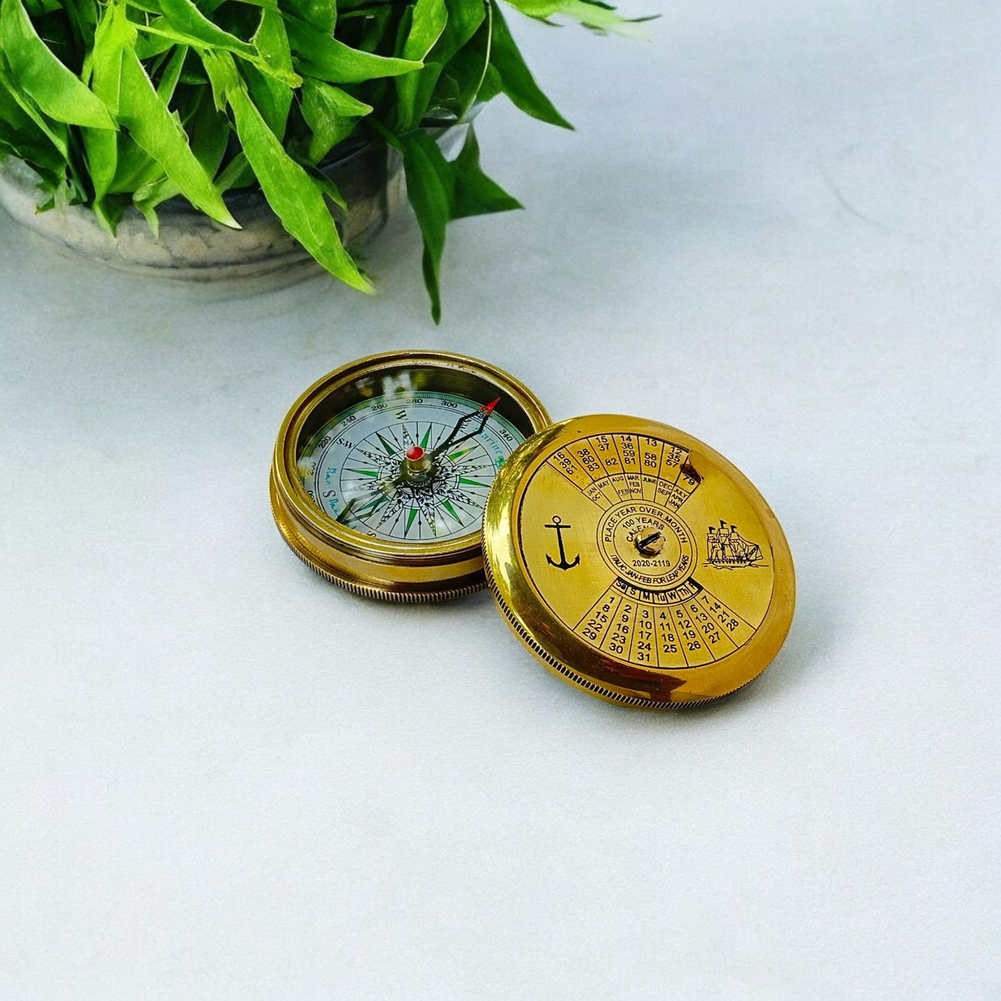 Antique Brass Poem Compass with 100-Year Calendar with Wooden Box