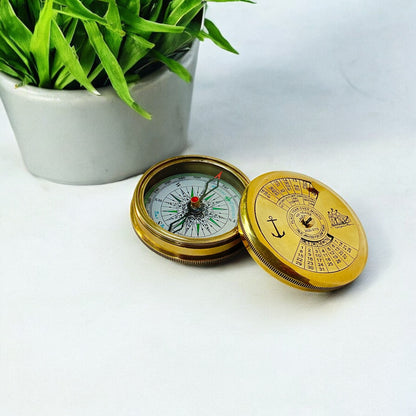 Antique Brass Poem Compass with 100-Year Calendar with Wooden Box