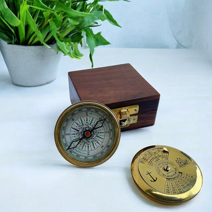 Antique Brass Poem Compass with 100-Year Calendar with Wooden Box