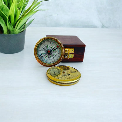 Antique Brass Poem Compass with 100-Year Calendar with Wooden Box