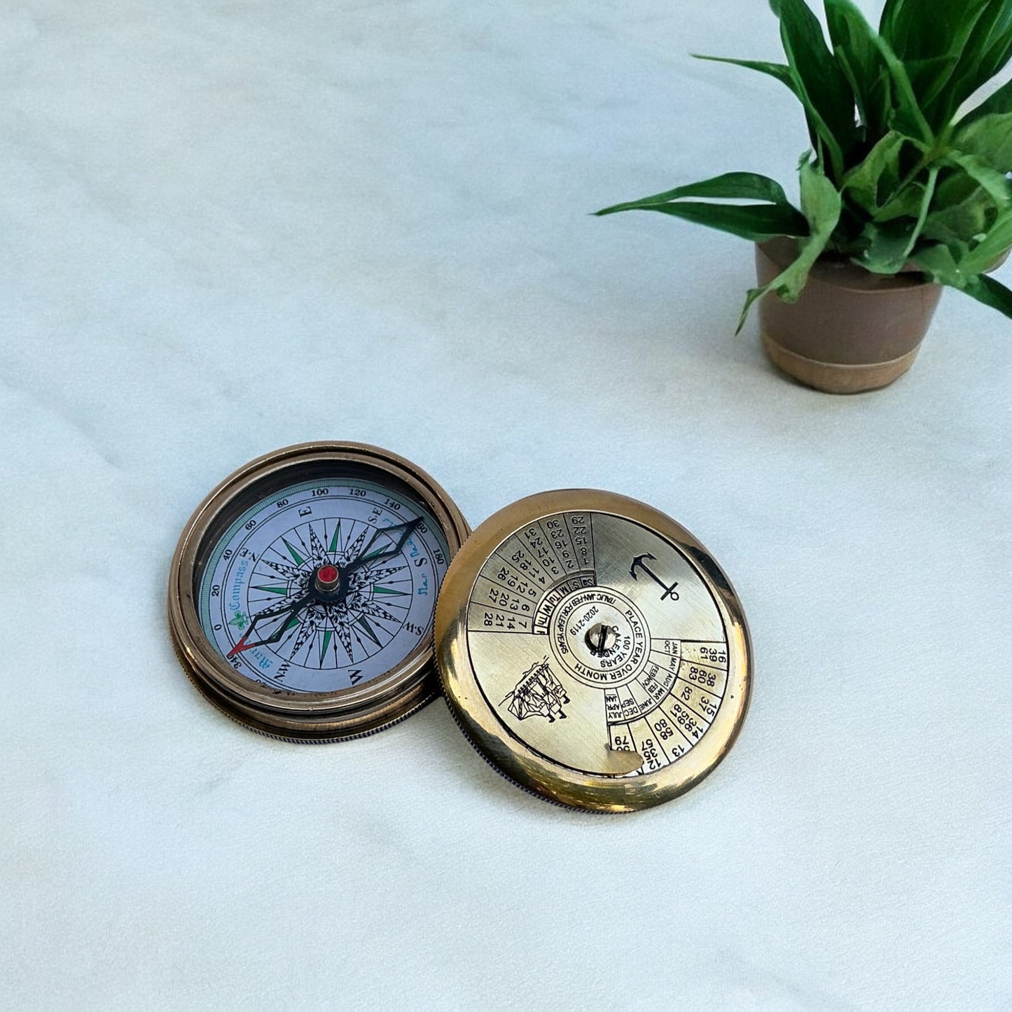 Antique Brass Poem Compass with 100-Year Calendar with Wooden Box