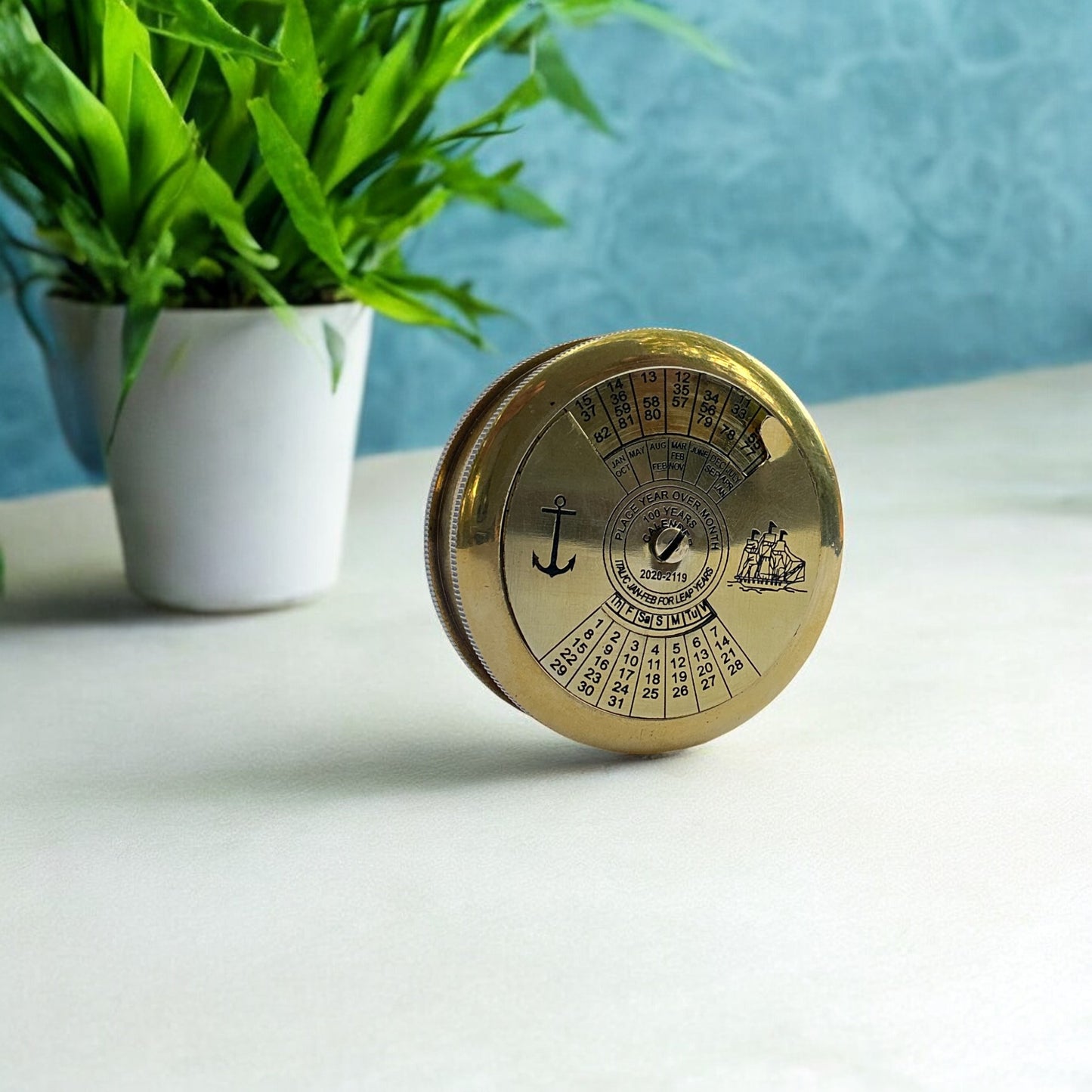 Antique Brass Poem Compass with 100-Year Calendar with Wooden Box