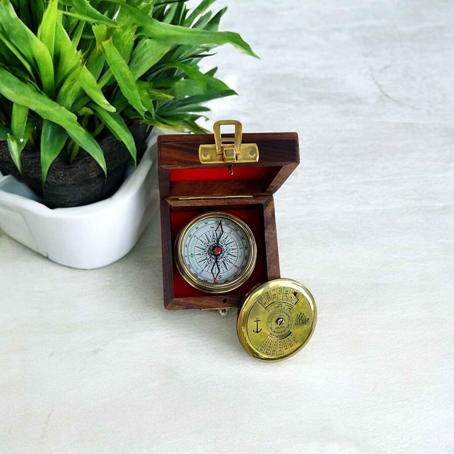 Antique Brass Poem Compass with 100-Year Calendar with Wooden Box