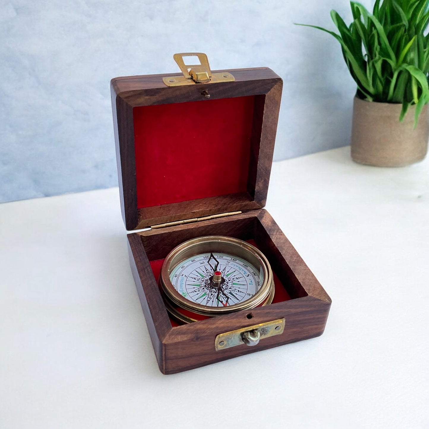 Antique Brass Poem Compass with 100-Year Calendar with Wooden Box