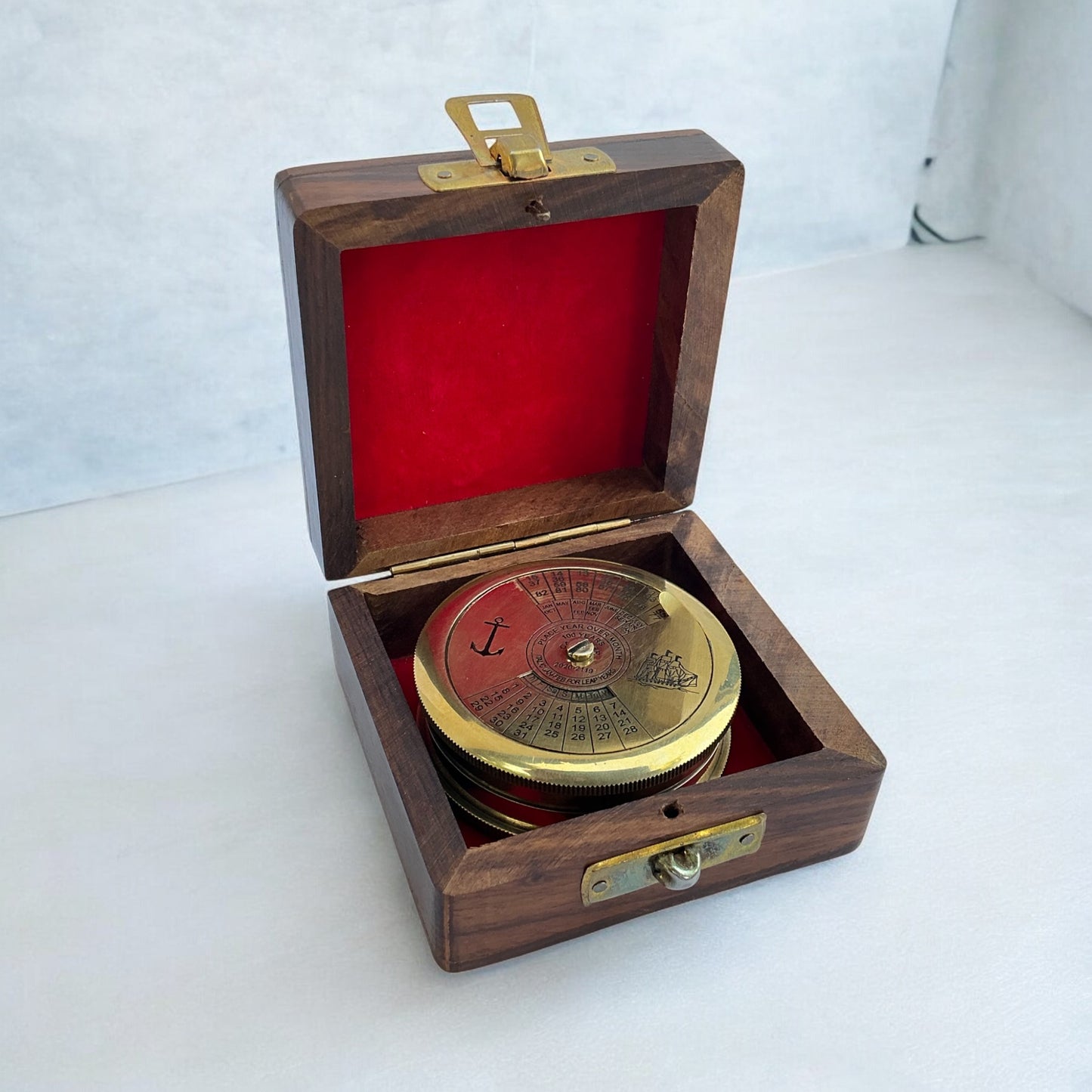 Antique Brass Poem Compass with 100-Year Calendar with Wooden Box